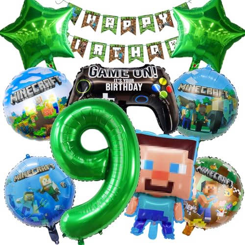 9 Jahre Junge Folienballon Geburtstagsdeko, 10 Stück Ballon-Dekorationsset mit Spielthema, Enthält Zahlenballons, Runde, Menschlicher Ballon, Banner, Geeignet kinder Dekoration für Geburtstagsfeiern