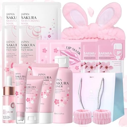 Set de Cuidado Facial Sakura 15 Piezas,con Limpiador,Tonico Facial,Crema facial,Esencia,Esencia ocular,Máscara para dormir,Mascarilla de barro,Mascarilla facial,Mascarilla labial y Accesorios | Ya disponible en tu tienda friki favorita! En mundofriki.es!
