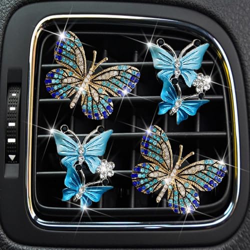Image of 4 Pcs Blue Bling Butterfly Car Air Fresheners Vent Clips Diffuser Vent Clip Rhinestone Diamond Decoration Car Interior Decor Cute Accessories for Women, Automotive Air Fresheners（2 styles）
