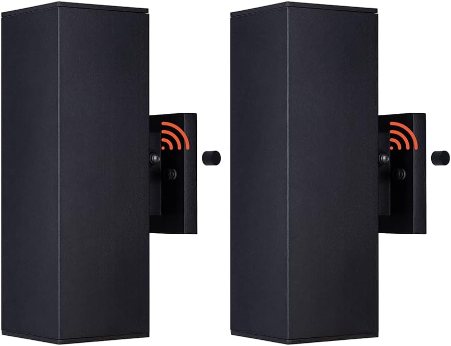 mirrea Modern Outdoor Porch Light Patio Light in 2 Lights Dusk to Dawn Photocell Sensor with Matte Black Aluminum Rectangular Tube and Tempered Glass Cover Waterproof Wall Sconce 2 Pack