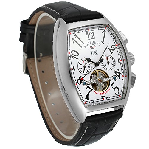 Forsining Men's Automatic Self-Winding Rectangle Watch Calendar Genuine Leather Strap Tourbillon Watch #TOP4