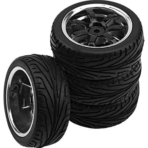 Hircqoo 2.59In Rubber Tires & 12Mm Hex Plastic Wheel Rims Set Compatible With Traxxas Kyosho Hpi Tamiya Associated 1/10 Rc On-Road Touring Car (Black) #TOP4
