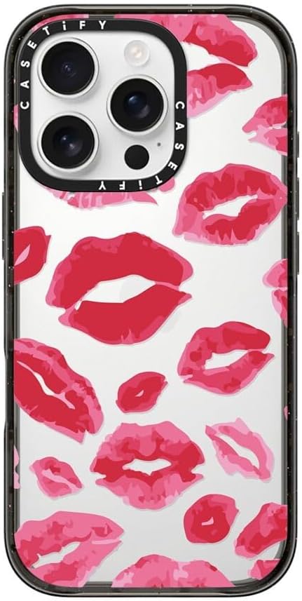 CASETiFY Impact Case for iPhone 16 Pro [Slim / 8.2 ft. 4X Military Grade Drop Protection/Wireless Charging Compatible] - Lipstick Kisses - Clear Black
