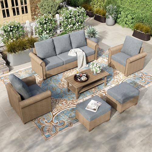 Image of HERA'S HOUSE Patio Furniture Set, 4 x Cushioned Chairs, 3-Seat Sofa with Wood Grain Coffee Table, 5 Seats Luxury Windsor Style All Weahter Outdoor Sofa Conversation Set for Deck Lawn Backyard