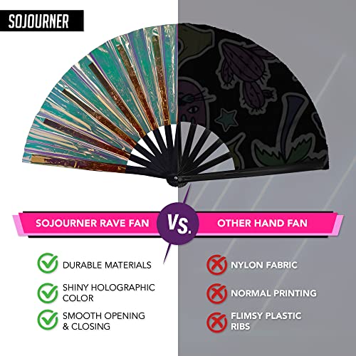 SoJourner Bags Rave Hand Fan – Large Folding Fans for Festivals – Cute Holographic Halloween Rave Accessories for Women (Holographic Black) - Thumbnail 3