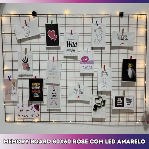Memory Board Mural Painel De Foto Grade Para Recados Com Luz No Tamanho 60x80 Mais Mini Prendedores