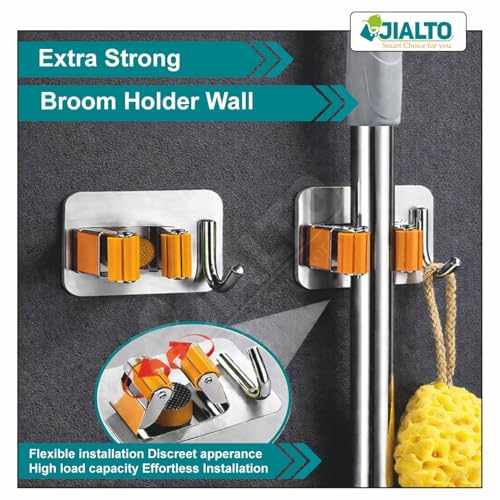 Image of JIALTO 3 Pcs Adhesive Mop Holder and Broom Holder Wall Mounted Stainless Steel | Heavy Duty Mop & Broom Organizer with Hooks | Adhesive Storage Rack for Kitchen, Bathroom - Orange