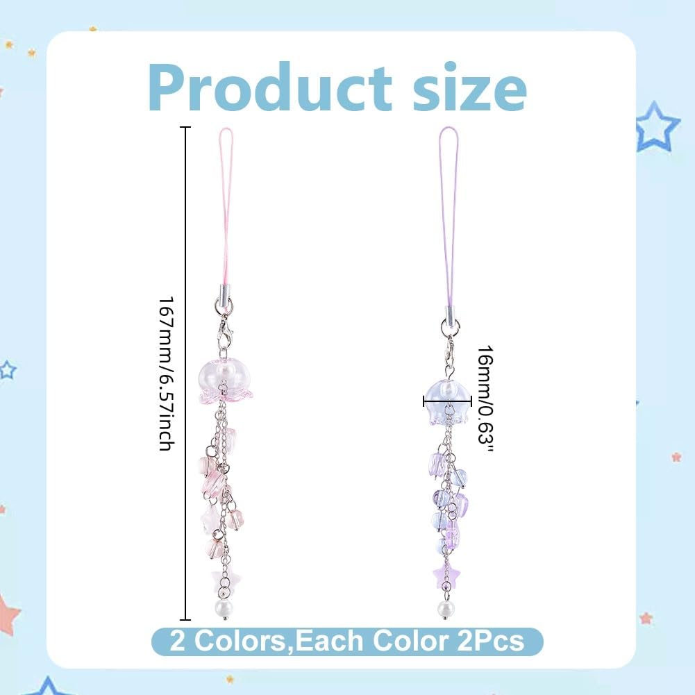 WADORN 4Pcs Jellyfish Phone Charms, 2 Colors Aesthetic Cute Charm Purple pink Sea Ocean Animal Jellyfish Glass Beads Phone Keychain with Star for DIY Bag Keychain Camera Wallet Cell Phones Case image 2