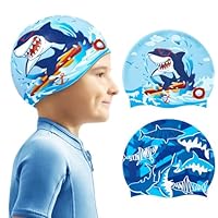2 Pack Kids Swim Cap Durable Silicone Swim Caps for Boys Girls Toddler Waterproof Bathing Pool Swimming Caps Comfortable Kids Swimming Hats for Long and Short Hair (Blue Shark)