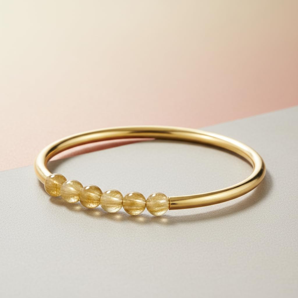 Elegant 18k Gold Plated Bangle Bracelet for Women, Handmade Fashion Jewellery with Natural Gemstone Beads, Adjustable Stackable Everyday Gift for Ladies 2.12 to 2.62 Inches