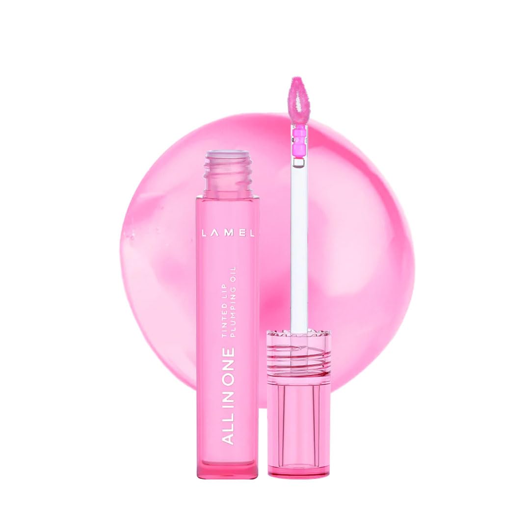 Lamel All-in-One Lip Oil - Lightweight, No-Sticky, Tinted, Plumping, Hydrating Lip Gloss - Lip Balm for Day & Night Use, Long-Lasting Lip Stain, Lip Glow Oil, Lip Plumper Tint - Pink Sparkle №402