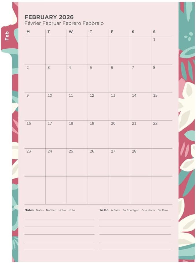 Filofax Calendar Diary Refill, A5 Size, Week-to-View, Illustrated Floral Diary Pack with Four-Color Print Design, Multilingual: Five Languages, 2026 (C6351-26)