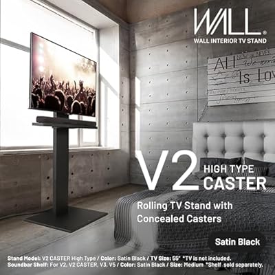WALL V2 Caster High Type | Minimalist Rolling TV Stand for 3260 Inch | Satin Black | Portable, Space Saving, Height Adjustable, No Drill | for Living Room and Bedroom | Japanese Design & Engineering