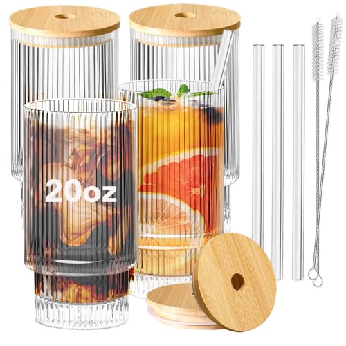 Greefun Ribbed Glassware Set of 4, 20oz Origami Style Drinking Glass Cup with Lid and Straw, Iced Coffee, Cocktail, Beer, Juice Stackable Drinking Glasses, Perfect for indoor and outdoor use