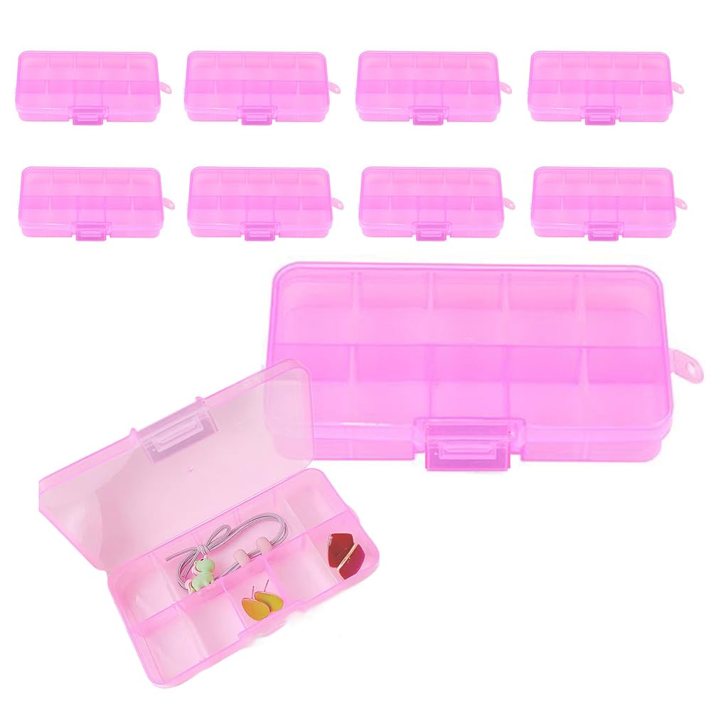 10 Pack Plastic Jewelry Box - Grid Organizer Storage Box with Adjustable Dividers Plastic Compartment Container for Bead Jewelry Craft Tackles (Pink 10 Slots)