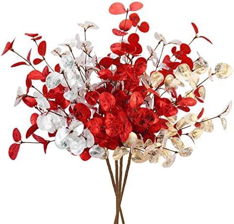 Tepaler 4Pcs Artificial Eucalyptus Leaves Stems 28‘’ Eucalyptus Branches Fake Christmas Flowers Decoration Eucalyptus Plant for Home Fireplace Holiday Wedding Xmas Tree Winter Décor