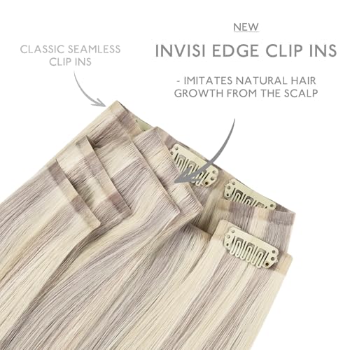 Image of WENNALIFE Invisi Edge & Classic Seamless Clip in Hair Extensions Real Human Hair, 18 Inch 130 7pcs Ash Blonde Highlighted Platinum Blonde Hair Extensions for Women Invisible Straight Injection Extensi