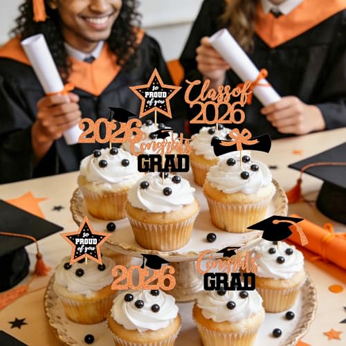 Image of 48 PCS Graduation Cupcake Toppers 2026, 6 Styles Grad Cake Topper, Black and Orange Graduation Decorations, Glittery Cap and Diploma Cake Picks for Congrats Grad Decor Party Supplies