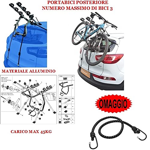 COMPATIBILE CON Fiat Punto 5p (93-99) PORTABICI POSTERIORE PER AUTO IN ALLUMINIO PER 3 BICI PORTA BICICLETTE PER AUTO RETRO CON REGOLAZIONI CARICO MAX 45KG