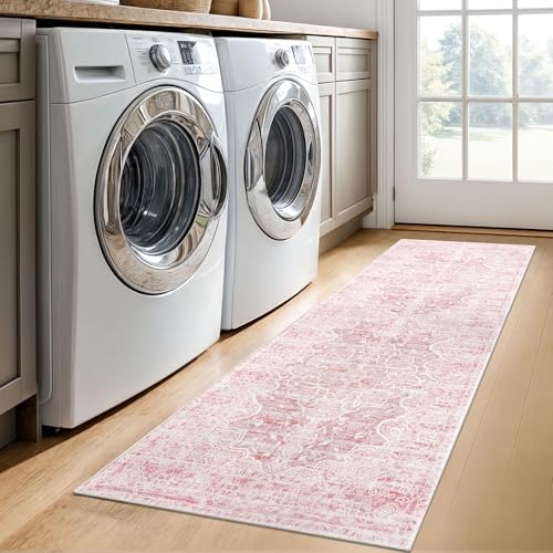 KUTA Vintage Washable Runner Rug, 2x6 Pink Runners for Hallways Non-Slip Floral Kitchen Rugs Ultra Soft Printed Distressed Floor Carpet for Laundry Bedroom Living Room Nursery