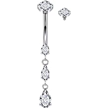 14G Belly Button Ring Piercing ASTM F136 Titanium Internally Threaded CZ Teardrop Dangle Navel Rings 10MM Bar Length Hypoallergenic Dangling Belly Piercing Jewelry for Women Men Silver Gold