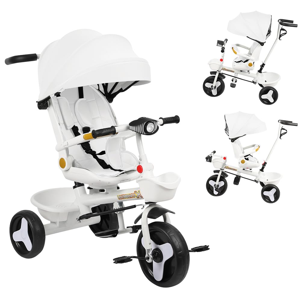 Triciclo Evolutivo per Bambini, Triciclo 5 in 1 - Luci e musica, Seggiolino avvolgente, Seggiolino e inclinazione, Passeggino a 4 ruote, Protezioni rimovibili, Portabicchiere, Bianco