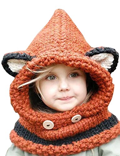 Ewanda store Fashion Baby Kids Super Cute Winter Warm Soft Knitted Coif Hood Scarf Beanie Fox Animal Hat Orange