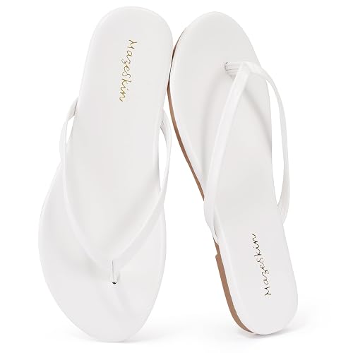 mazeskin Womens Memory Foam Flip Flops Flat Thong Sandals | Soft Vegan Leather Comfortable Cushioned Casual Dressy Beach Summer Minimalist Slim Slide Shoes Indoor Outdoor
