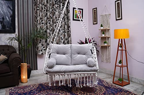 Patiofy Polyester Double Seater Swing Chair For Adults, 2 Seater Swing For Balcony/Living Room, Includes Large Sofa Grey Sitting Cushion (White), 51 Cm
