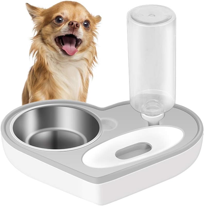 ASENVER Automatic Pet Feeder 2-in-1 Cat Feeding Dispenser Detachable Dog Water Bottle and Food Bowl Heart Shaped (Grey)