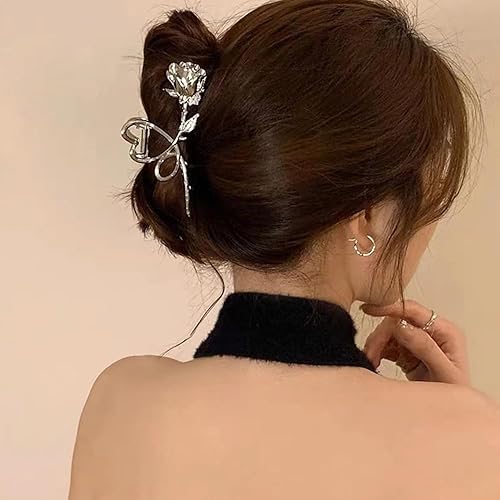 Miniatura 5 de Pinzas para el cabello con diseño de flores, pinzas de metal plateadas y rosas, pinzas grandes en forma de corazón, antideslizantes, accesorios para