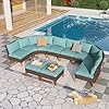 Phi villa 10 piece patio conversation set half moon curved sectional sofa outdoor oversized waterproof rattan furniture patio set with cushioned blue  urban country home decor