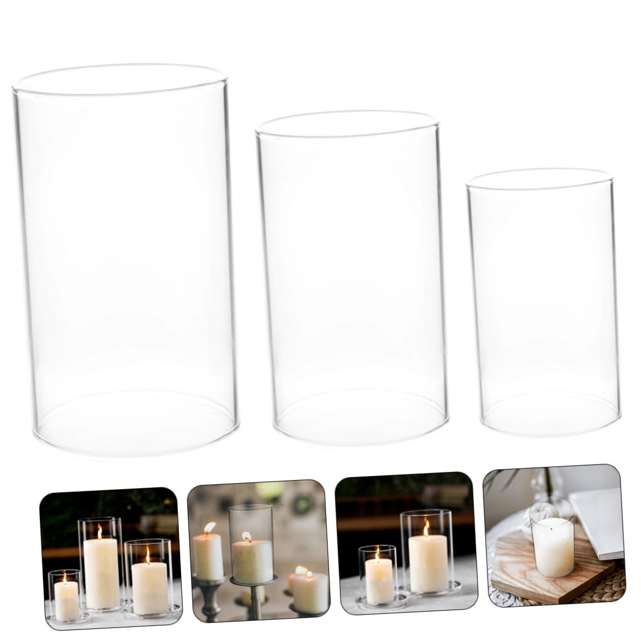 Abat-Jour en Verre Transparent pour Bougies, Lot de 3, Cylindrique