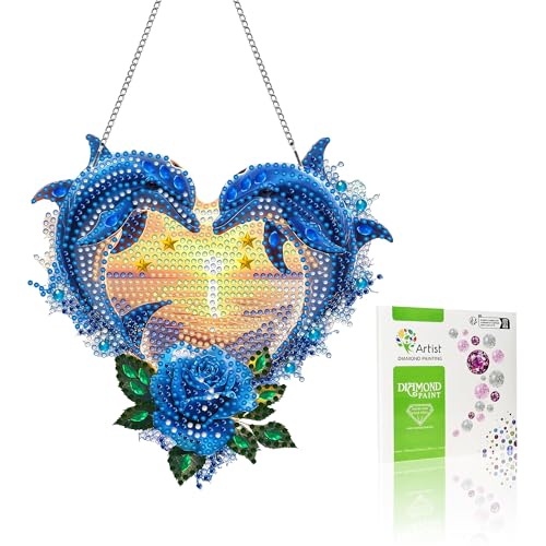 VAIIEYO 5D DIY Diamant Painting Pendentif Dauphin, Animal Peinture Diamant Hanging Kit, pour Porte et Fenêtre, Salon Chambre Autocollant Mural Décoration...