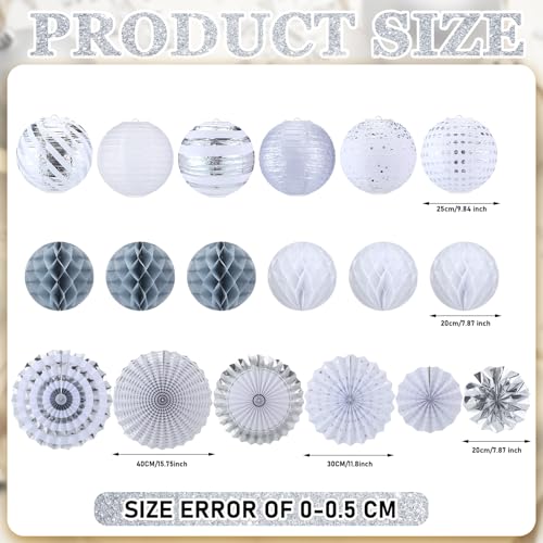 Image of Retisee 18 Pcs Metallic Silver Party Decorations Kit Hanging Metallic Silver Paper Lanterns Paper Fans Honeycomb Balls for Birthday Anniversary Celebration Wedding Graduation Decoration Supplies