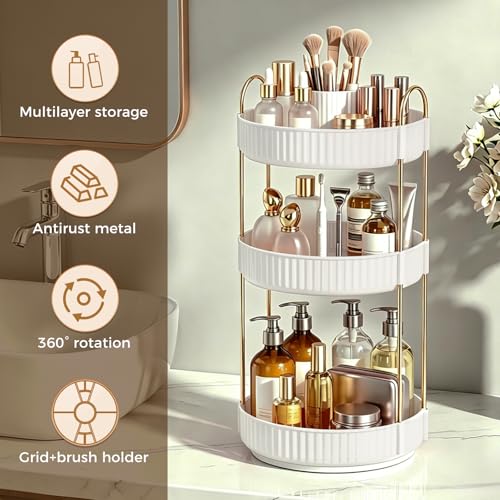 Image of 360 Rotating Makeup Organizer, Upgraded 3 Tier Skincare Perfume Organizers for Women, Bathroom Organizer Countertop, Clear Cosmetic Dresser Organizer with Makeup Brush Holder, Sink&Counter(White)