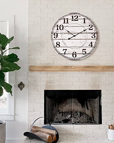 Bew Large Wall Clocks For Living Room Decor, Silent Battery Operated Wall Clock, 24 Inch White Rustic Country Farmhouse Shiplap Round Wooden Wall Clock #TOP1