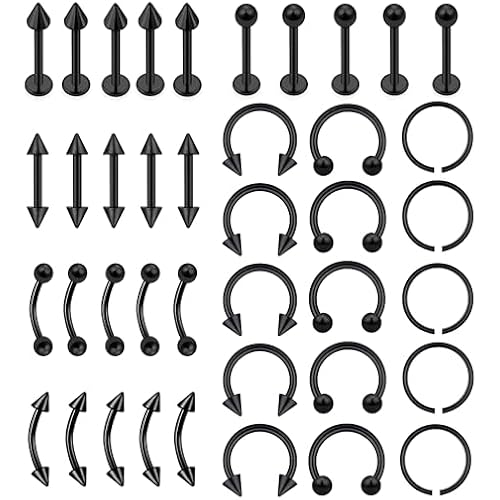 40Pcs Surgical Steel Lip Rings Labret Monroe Barbell Daith Tragus Helix Piercing Septum Nose Ring Eyebrow Body Jewelry for Women Men