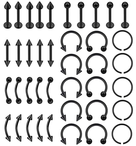 MONAZEO 40Pcs Surgical Steel Lip Rings Labret Monroe Barbell Daith Tragus Helix Piercing Septum Nose Ring Eyebrow Body Jewelry for Women Men(Black)