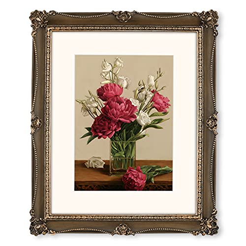 iAmoy Vintage Picture Frames 8x10, Walnut & Gold Picture Frame, 8 x 10 Frame with Hanger and Kickstand, Floral and Bead Relief