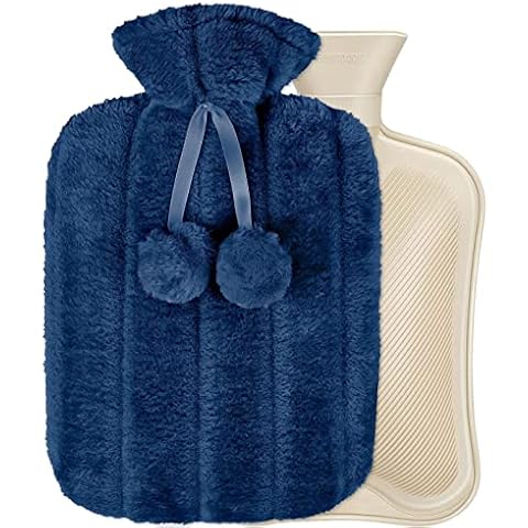 Cardys Hot Water Bottle with Cover Hot Water Bag Luxury Soft Fluffy Cover 2L Premium Odourless Rubber Faux Fur (Blue) Cover