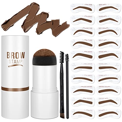 Eyebrow Stamp Stencil Kit - One-Step Vegan Eyebrow Stamp Pomade - Long-Lasting Waterproof Smudge-Proof - With 20Pcs Reusable Thin & Thick Eyebrow Stencils for Perfect Brows(Medium Brown)