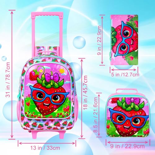 KLFVB Girls Rolling Backpack, 3PCS Kids Roller Bookbag with Lunch Bag, Wheeled School Bag for Children - Strawberry4