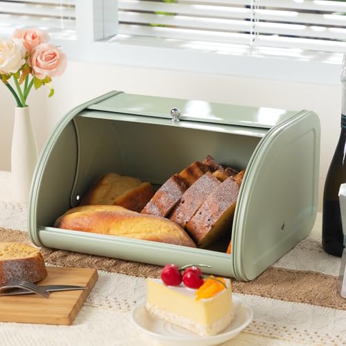 HollyHOME Bread Bin with Stainless Steel Body Metal Bread Bins for Kitchen Bread Storage Containers with Roll Up Easy Storage Bread Box Holder Lid,Sage Green - Cosy Home Interiors HollyHOME Bread Bin with Stainless Steel Body Metal Bread Bins for Kitchen Bread Storage Containers with Roll Up Easy Storage Bread Box Holder Lid,Sage Green - Image 2