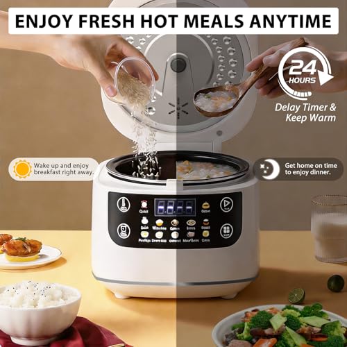 Portable Digital Rice Cooker, 6-Cup (Uncooked)/12-Cup (Cooked) Small Rice Maker with Steaming Basket, Mini Rice Cooker with 2L Removable Nonstick Inner Pot, 10 Menu Options, Auto Keep Warm, 24 Hour Delay Timer, White