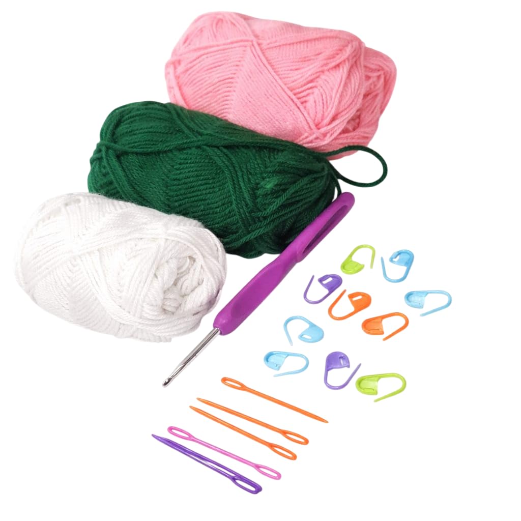 Knitting Yarn Kit with 3 Yarn Skeins 20 Gram Each, Crochet Hook, 6 Needles, 10 Stitch Markers, Pink Green White Yarn Bundle with Ergonomic Hook & Accessories-image-12