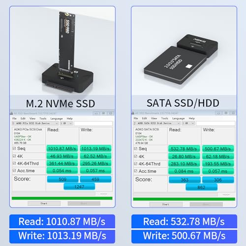 AOKO SATA NVMe SSD to USB Reader Adapter- Dual-Bay 2 in 1 Hard Drive Reader 10Gbps SSD Enclousure for NVMe + 2.5\"/3.5\" HDDs , Supports Simultaneous Read/Write, Includes 12V/3A Power Adapter
