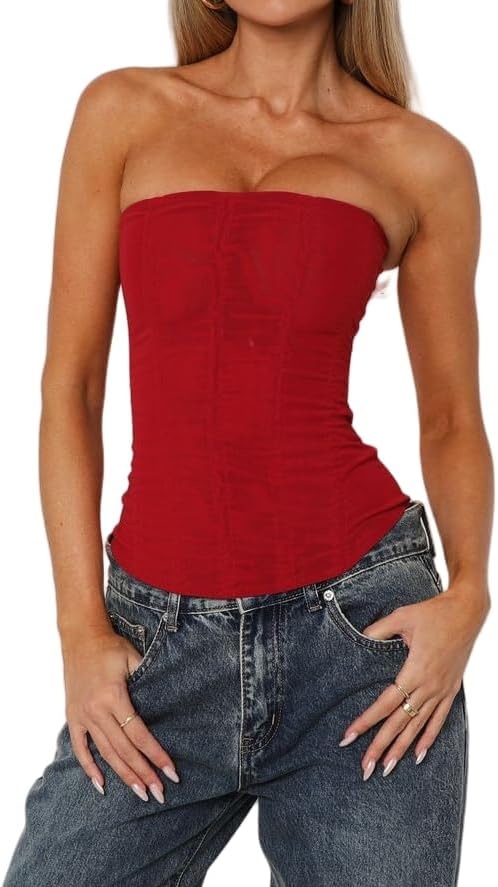 NUFIWI Women Mesh Strapless Bustier Boned Overbust Corset Top Back Zipper Fishbone Bodice Going Out Party Tops - Image 2