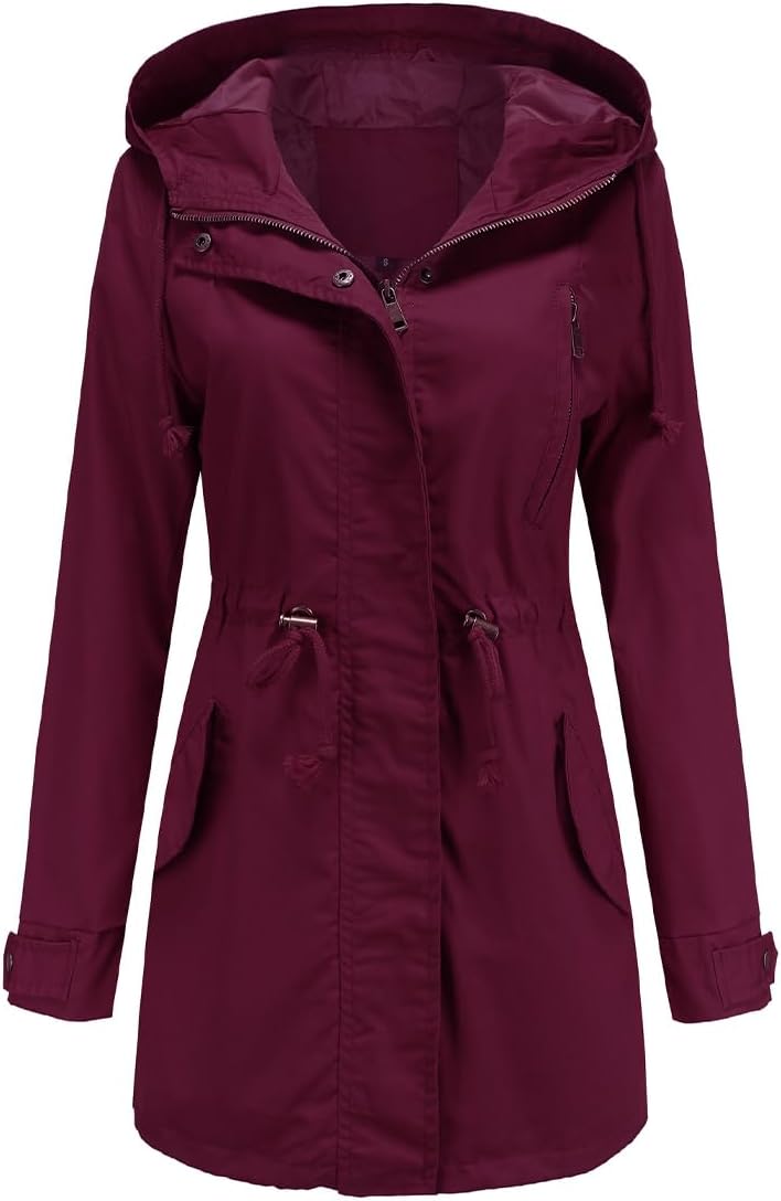 Women's Solid Color Loose Military Hooded Jacket Zip Up Utility Drawstring Waist Anorak Coat with Pockets