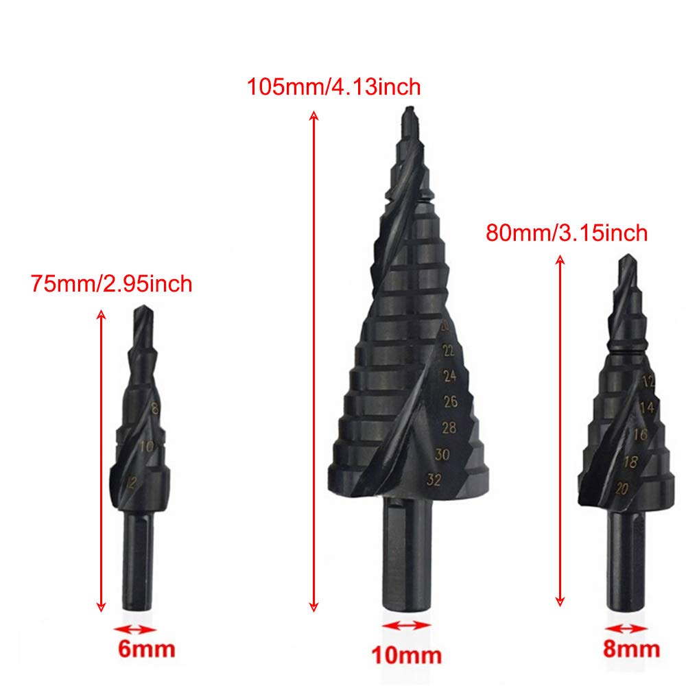 SaferCCTV High-Speed Steel Step Drill Bit Set,Nitrided Triangle Handle Hole Cutter,Black HSS Spiral Step Drill Bit 4-12/4-20/4-32mm,Titanium Step Drill Bit Set,3Pcs